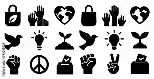 Environmental awareness solid icons set – silhouette, filled, eco and green symbols