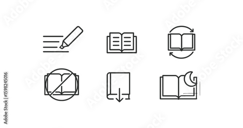 Book line icon set: literature, reading, library, and study in outline style