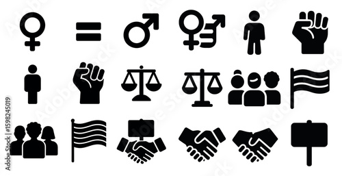 Gender equality solid icons set – silhouette, filled, social justice, symbols