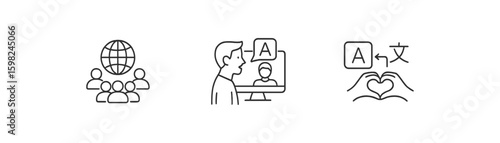 Language learning linear icon set. communication, translation, global education icons