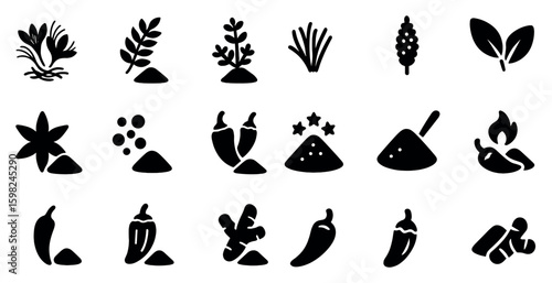 Spices and herbs icons set – silhouette, solid, culinary and seasoning symbols