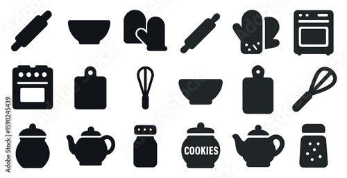 Baking essentials solid icons set – kitchen, pastry, cooking symbols for designers