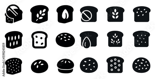 Bakery and bread solid icons set – silhouette, loaf, pastry symbols for design