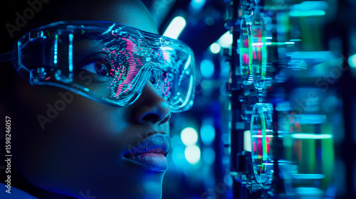 Wallpaper Mural A futuristic scientist wearing transparent smart eyewear, immersed in a glowing digital interface, symbolizing advanced technology and data research. Torontodigital.ca