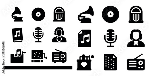 Music and audio icons set – solid, filled, sound and melody symbols