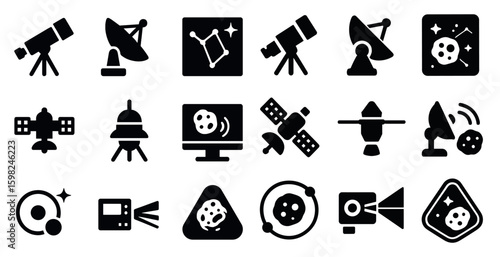 Astronomy and space solid icons set – filled, celestial, constellation symbols