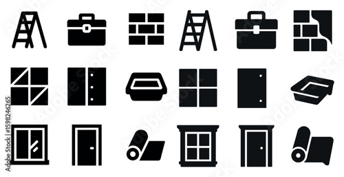 Home improvement solid icons set – filled, construction, renovation tools