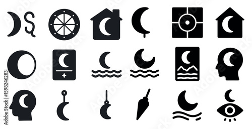 Weather and moon phase silhouette icons set – filled, solid, astronomical symbols