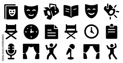 Theater and performance icons set – solid, filled, drama and stage symbols