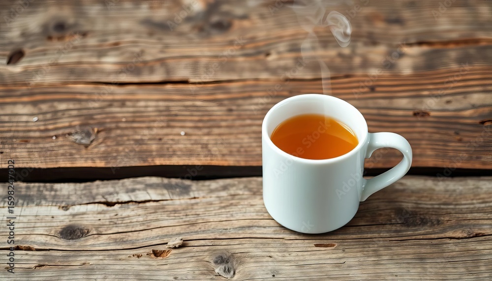 Obraz premium Steaming tea in a white mug rests on a rustic wooden table, mug, morning
