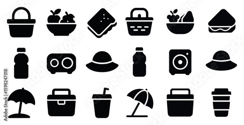Picnic and leisure solid icons set – filled, outdoor, and relaxation symbols