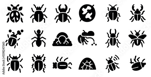 Insect and bug icons set – solid, filled, pest and entomology symbols