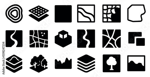 Geography and mapping icons set – solid, silhouette, cartography and navigation symbols