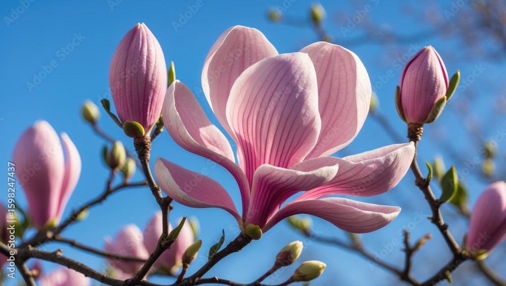 Fototapeta premium Magnolia flowers in bloom with pink petals against a clear blue sky. Nature and floral scene, springtime. Botanical and garden imagery.