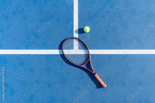 Photography High-angle view of tennis racket and ball on court surface