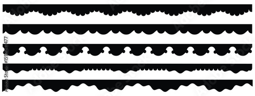  Scalloped edge seamless set. borders and dividers. Simple scalloped border. Repeat cute vintage frill ornament. Texture ribbons. stripe,tape collection isolated on white background.