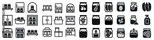 Food preservation solid icons set – line, outline, storage and pantry symbols