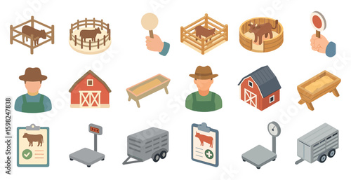 Farm and livestock isometric icons set – 3d, agriculture, rural life symbols