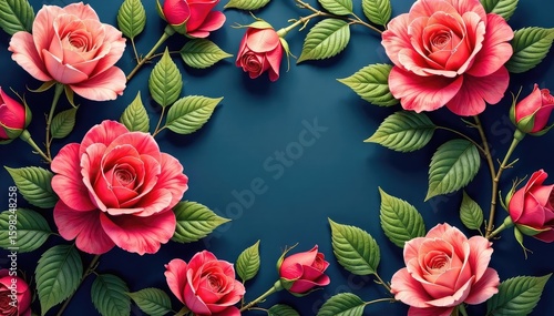 Intricate blooming roses & leaves, repeating design, fabric, stylish, elegant