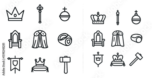 Royal and regal line icons set – outline, linear, monarchy and crown symbols