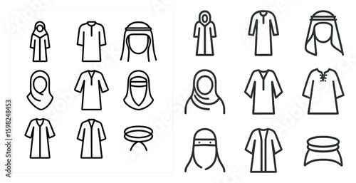 Middle eastern fashion outline icons set – silhouette, clothing, cultural attire symbols