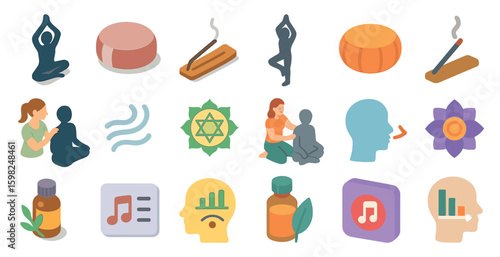 Meditation and wellness icons set - isometric, yoga, relaxation symbols