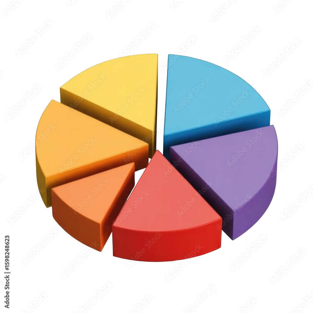 Obraz premium Colorful 3d pie chart with six segments on a black background representing data visualization