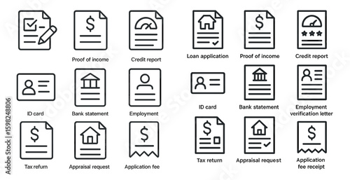 Financial and document outline icons set – forms, banking, income symbols