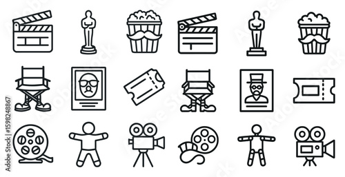 Film and cinema outline icons set – movie, director, entertainment symbols