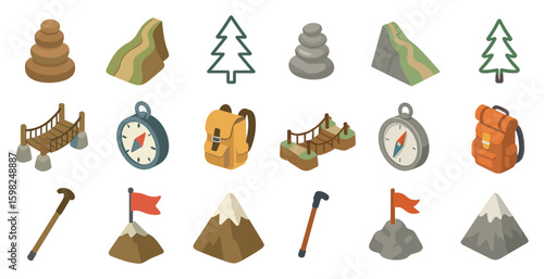Hiking and adventure icons set – isometric, 3d, backpacking and trekking essentials