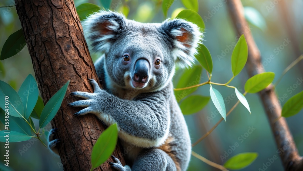 Fototapeta premium Young koala hugging a tree with green leaves in a natural forest environment.