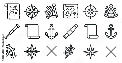 Navigation and maritime icons set – outline, linear, sea exploration symbols