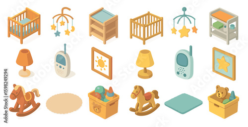 Nursery and baby room isometric icons set – 3d, outline, kid and infant decor