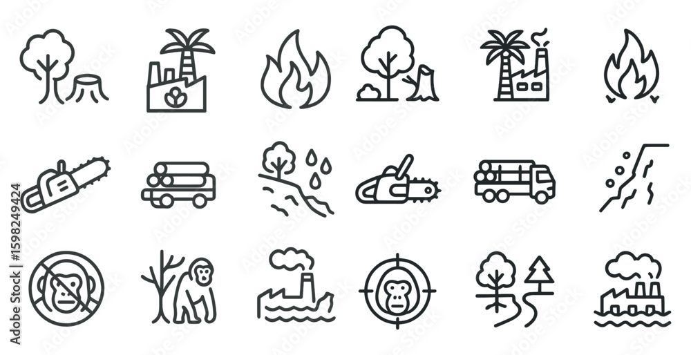 Fototapeta premium Deforestation outline icons set – conservation, environmental impact symbols