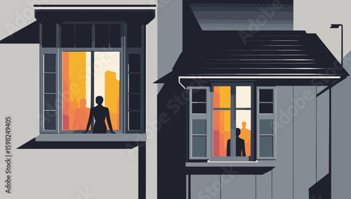 Abstract depiction of people at windows, warm sunset colors, minimalist design, urban scene
