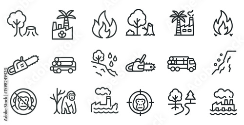 Deforestation outline icons set – conservation, environmental impact symbols