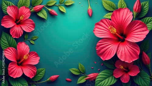 Bold tropical hibiscus blooms, vibrant color palette, vibrant colors, texture, illustration