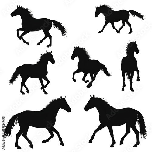 Set of Seven Black Horse Silhouette Illustrations on Transparent Background