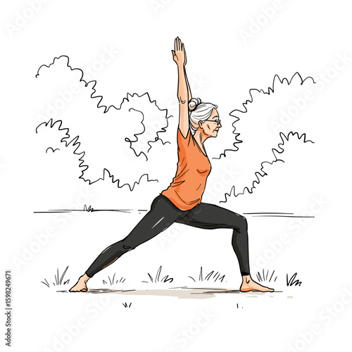 Elderly woman practicing yoga outdoors in park during daytime  