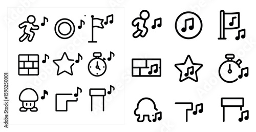 Music and movement outline icons set – line, linear, dance and melody symbols