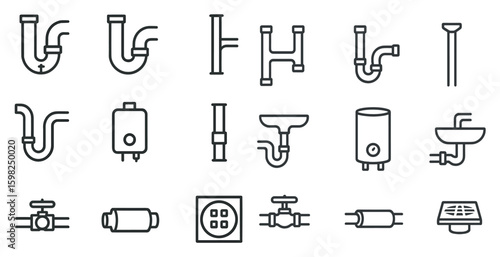 Plumbing linear icons set – pipes, fixtures, water system symbols