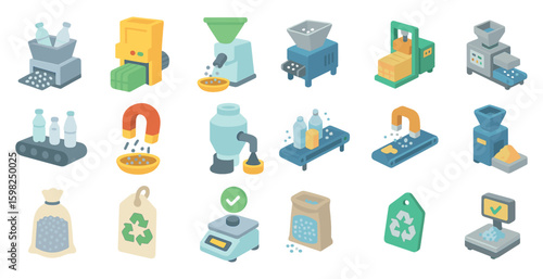 Recycling process isometric icons set – 3d, waste management, eco-friendly tools