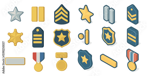 Military and security emblems 3d icons set – badges, medals, rank insignia symbols