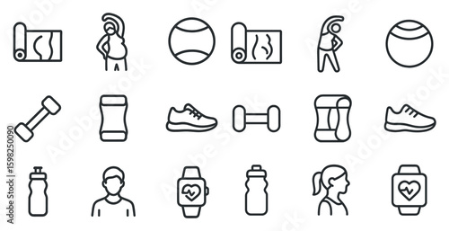 Fitness and exercise outline icons set – linear, silhouette, workout and gym symbols