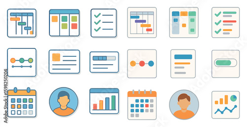 Project management flat icons set – task, timeline, workflow symbols