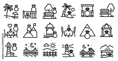 Beach and travel line icons set – outline, vacation, holiday planning graphics
