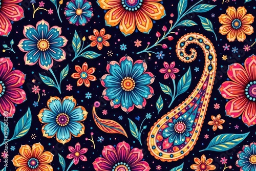 Intricate paisley floral pattern in vibrant hues, wallpaper, vintage, illustration