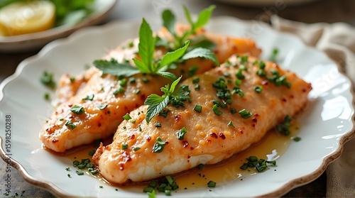 Delicious grilled salmon fillets garnished with fresh herbs on a white plate