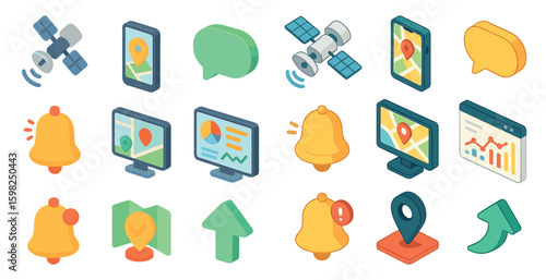 Navigation and communication icons set – isometric, 3d, maps and messaging symbols