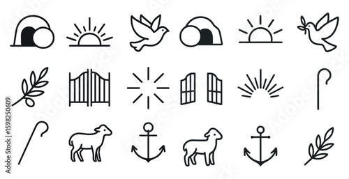 Christian religious outline icons set – faith, worship, spiritual symbols